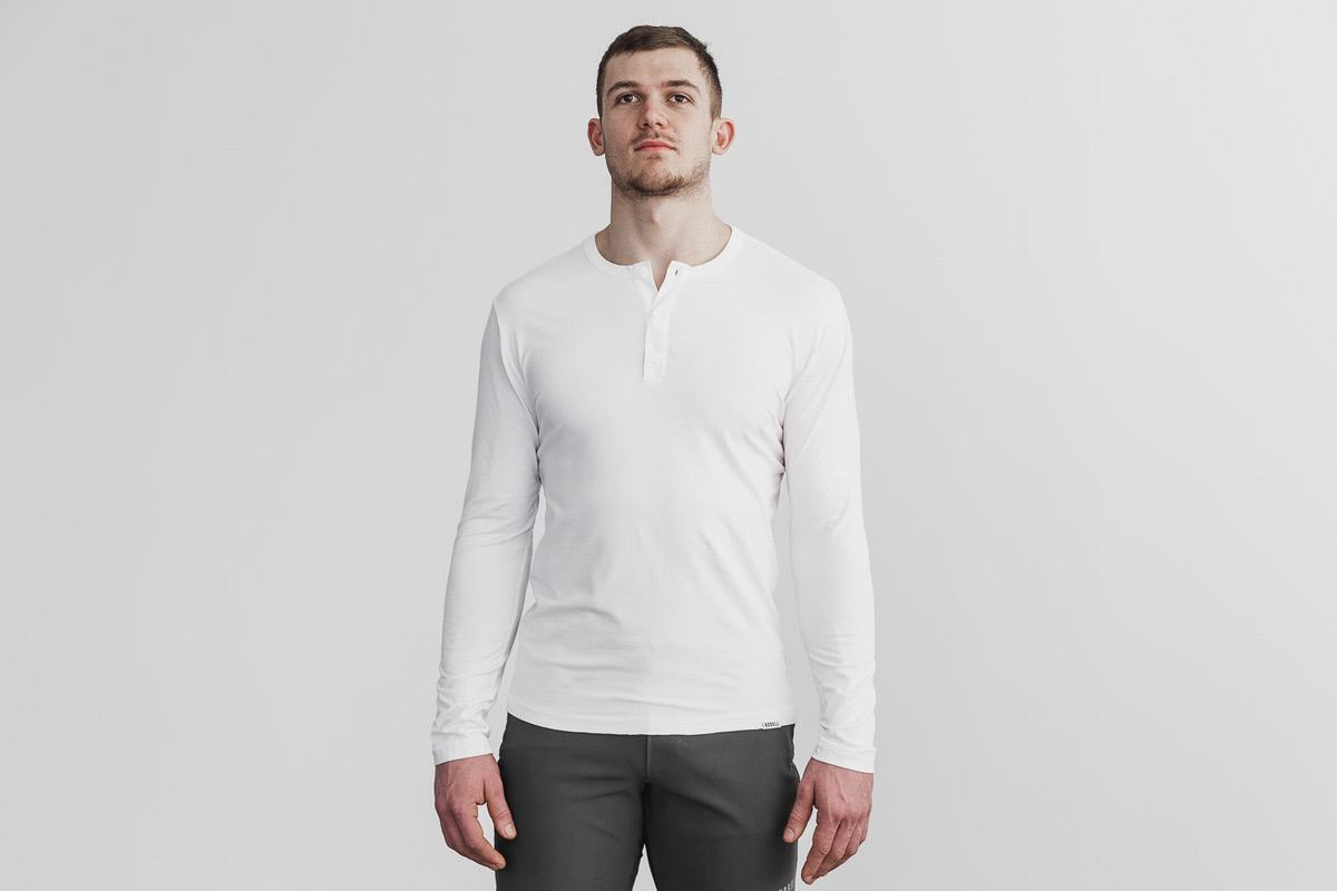 Nobull Lightweight Henley Men's Long Sleeves White | Australia (QX5643)